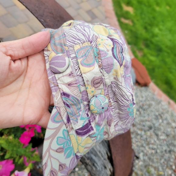 Purple Floral Hat 100% Cotton Elastic Back Purple Yellow Teal Cream Cadet Style - Picture 5 of 12